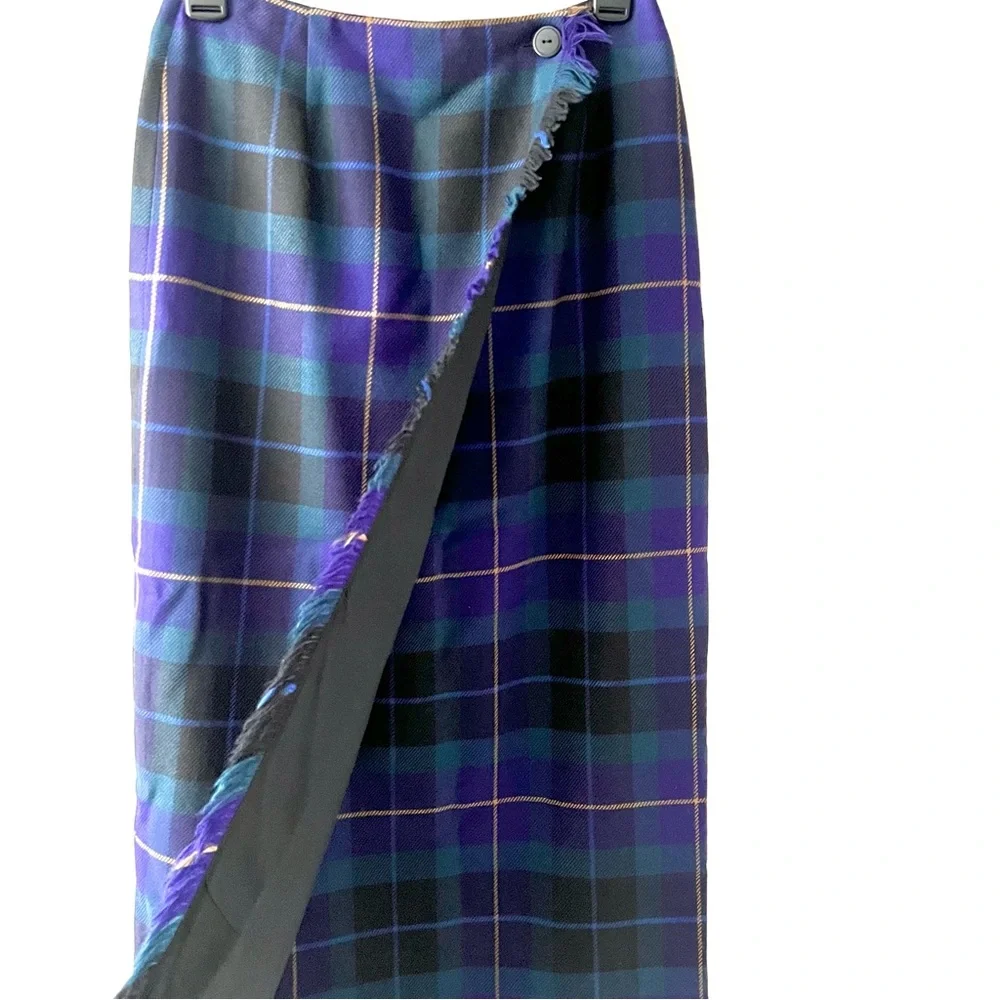TALBOTS | Plaid Vintage Wool Wrap Long Maxi Skirt Purple Green Fringe Size 4 - Picture 2 of 11